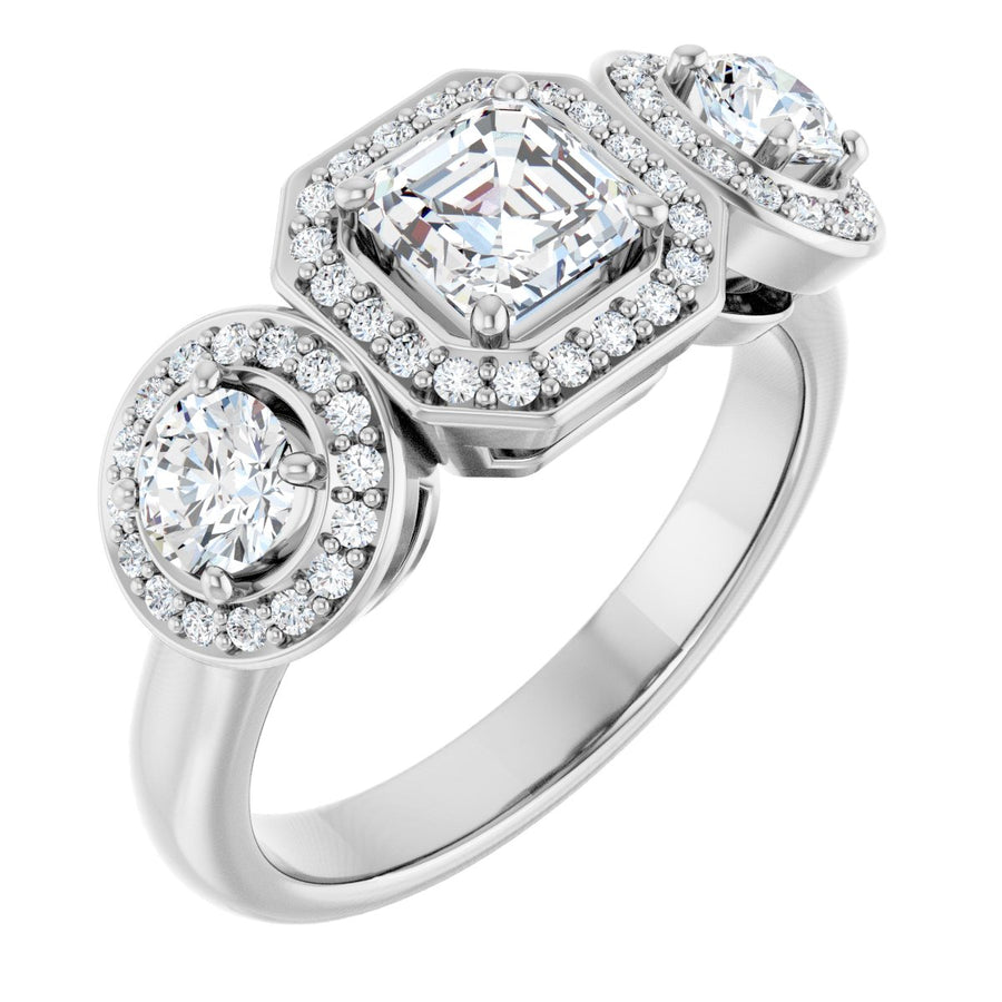 Natural Diamond Asscher Three-Stone Halo-Style Engagement Ring Semi-Mount - Platinum - Series 122053