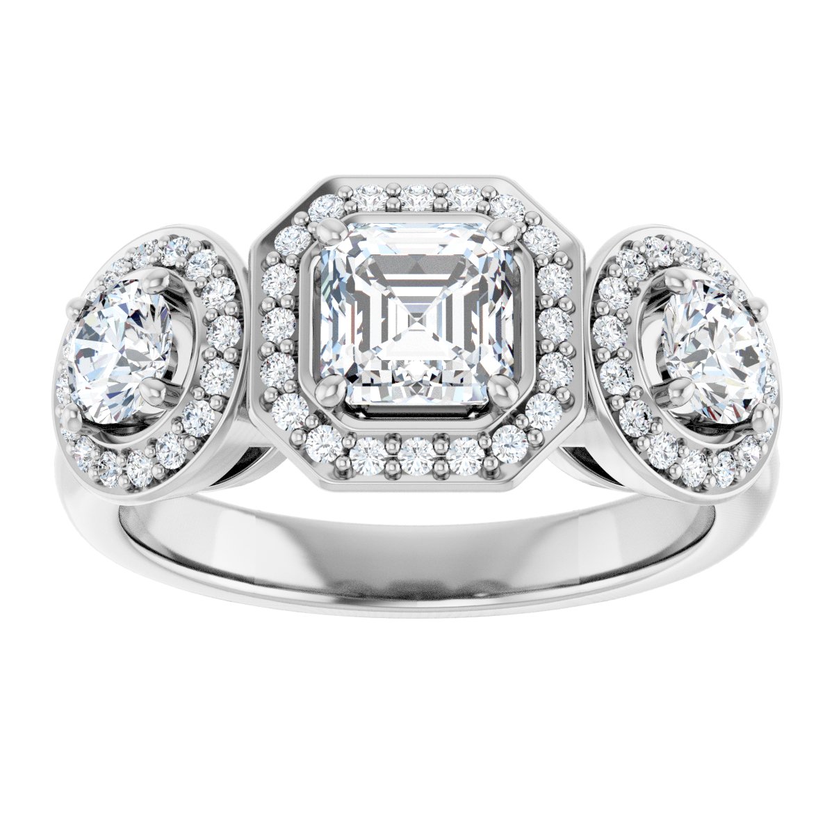 Asscher Three-Stone Halo-Style Engagement Ring Semi-Mount - gallery - Series 122053