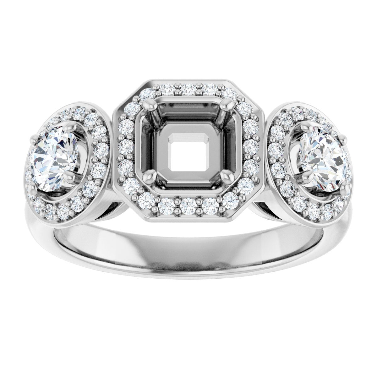 Asscher Three-Stone Halo-Style Engagement Ring Semi-Mount - gallery - Series 122053