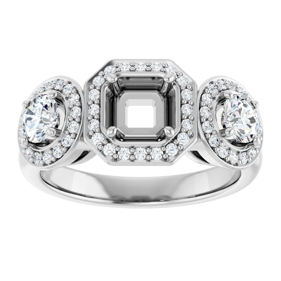Asscher Three-Stone Halo-Style Engagement Ring Semi-Mount - gallery - Series 122053