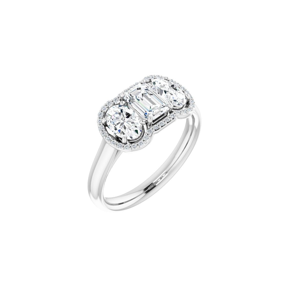 Natural Diamond Emerald Three-Stone Halo-Style Engagement Ring Semi-Mount - 14K White Gold - Series 71602