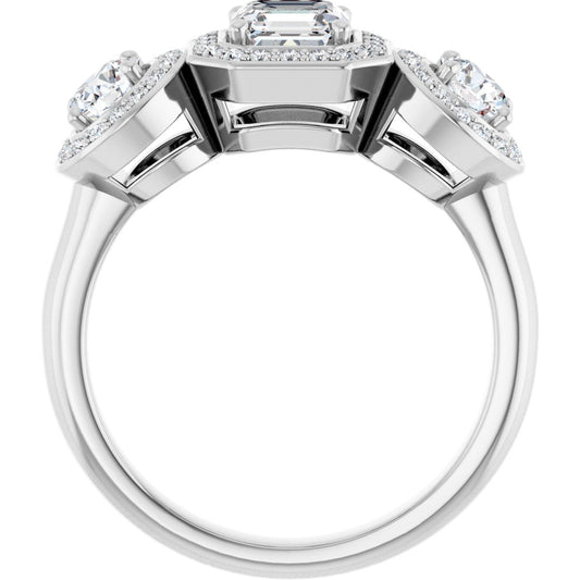 Asscher Three-Stone Halo-Style Engagement Ring Semi-Mount - gallery - Series 122053