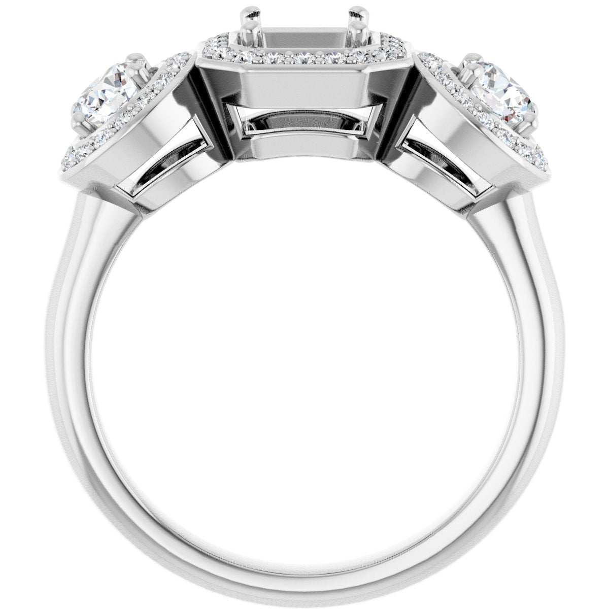 Asscher Three-Stone Halo-Style Engagement Ring Semi-Mount - gallery - Series 122053