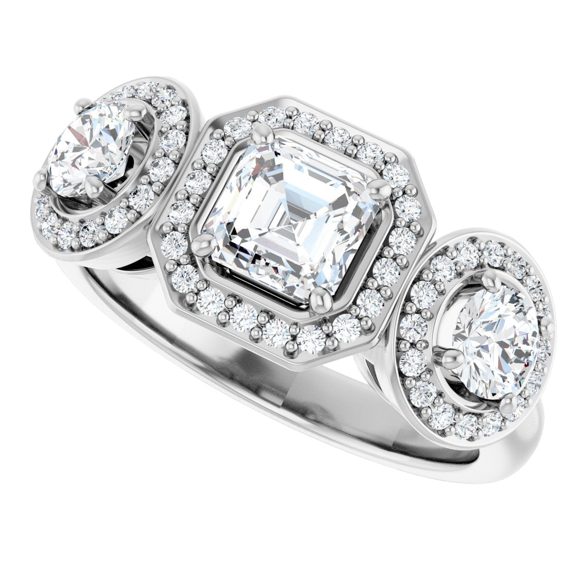 Asscher Three-Stone Halo-Style Engagement Ring Semi-Mount - gallery - Series 122053