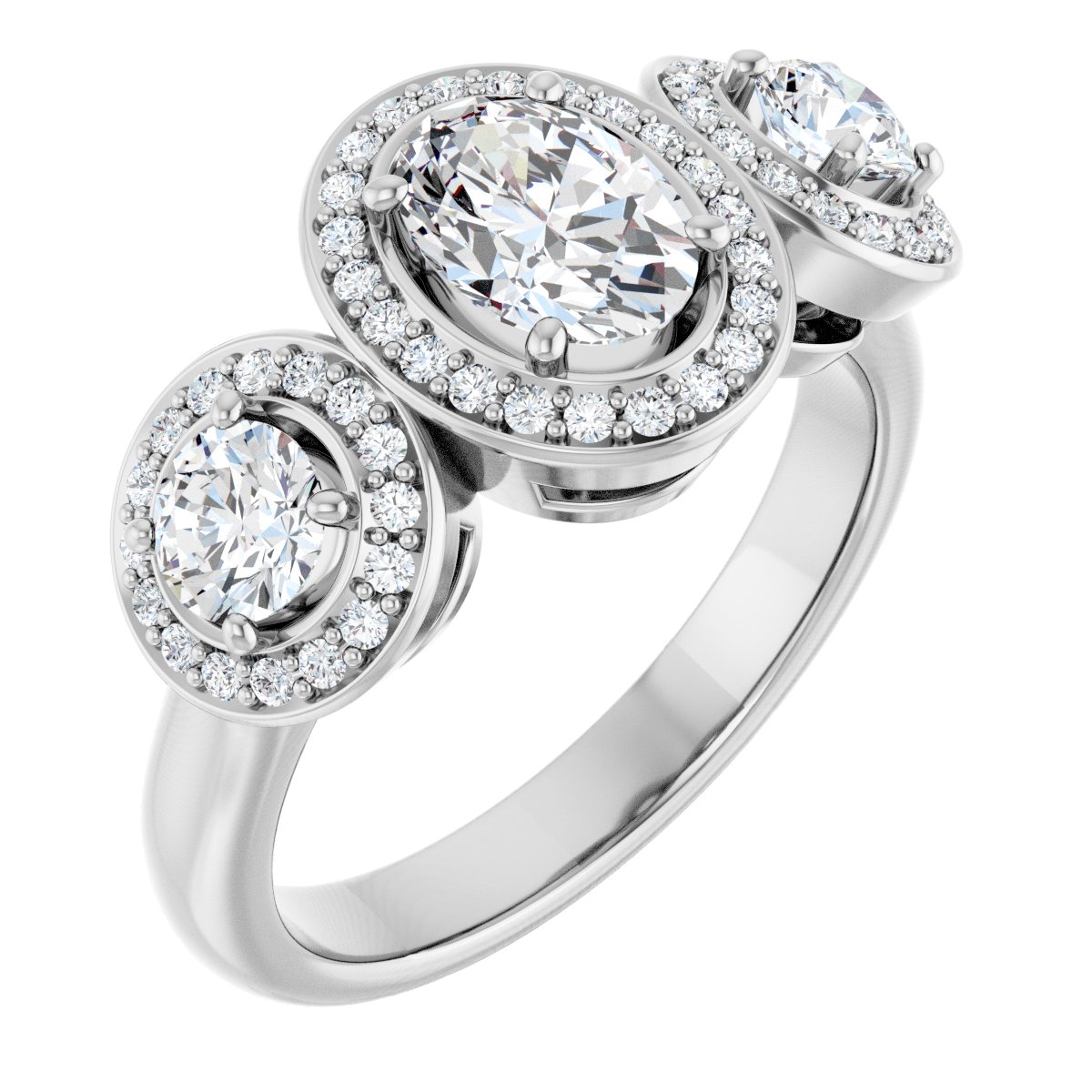 Natural Diamond Oval Three-Stone Halo-Style Engagement Ring Semi-Mount - 14K White Gold - Series 122053