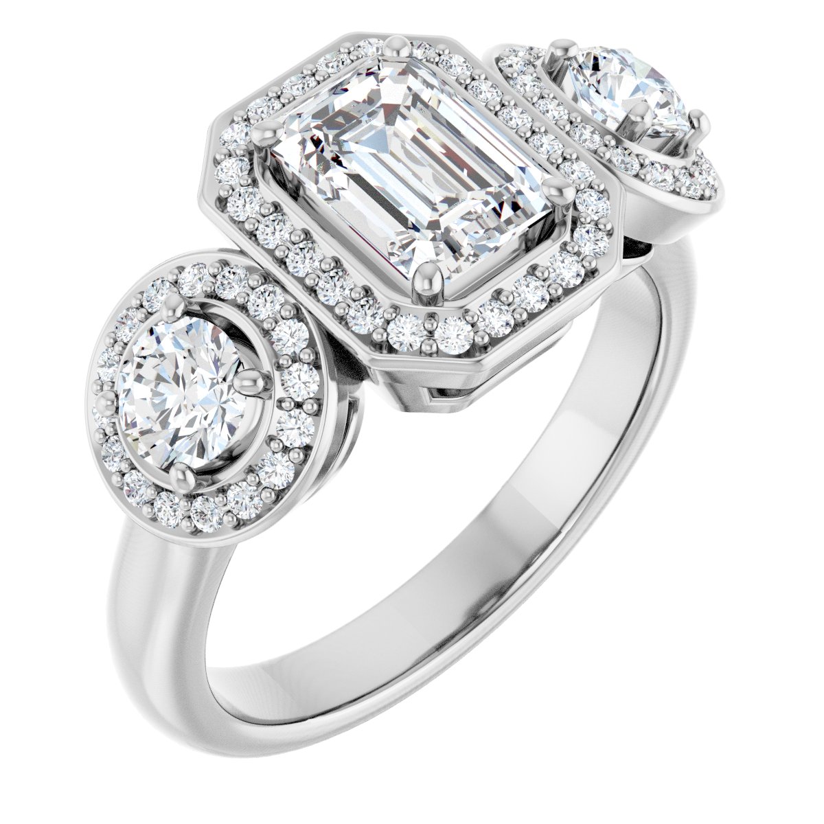 Natural Diamond Emerald Three-Stone Halo-Style Engagement Ring Semi-Mount - 14K White Gold - Series 122053
