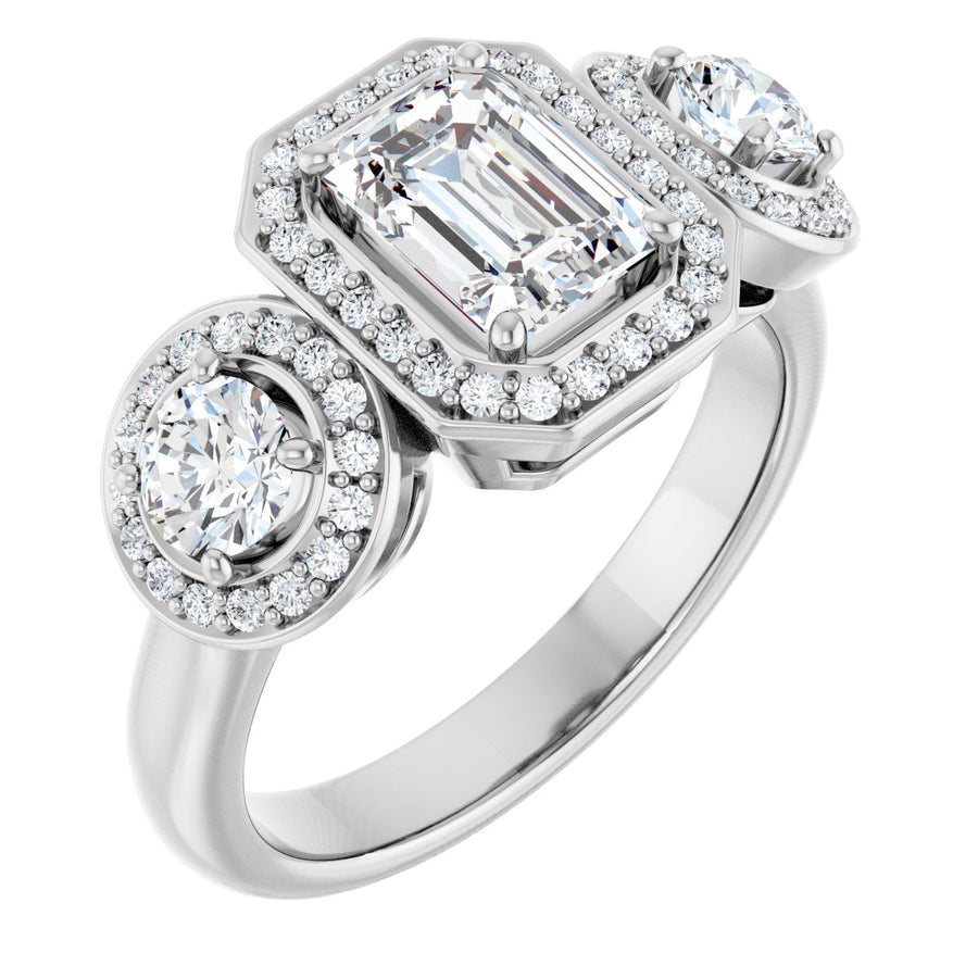 Natural Diamond Emerald Three-Stone Halo-Style Engagement Ring Semi-Mount - 14K White Gold - Series 122053