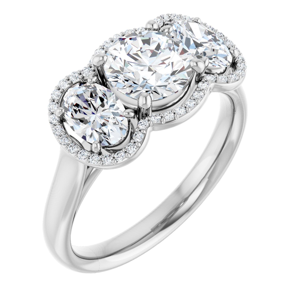 Natural Diamond Round Three-Stone Halo-Style Engagement Ring Semi-Mount - 14K White Gold - Series 71602