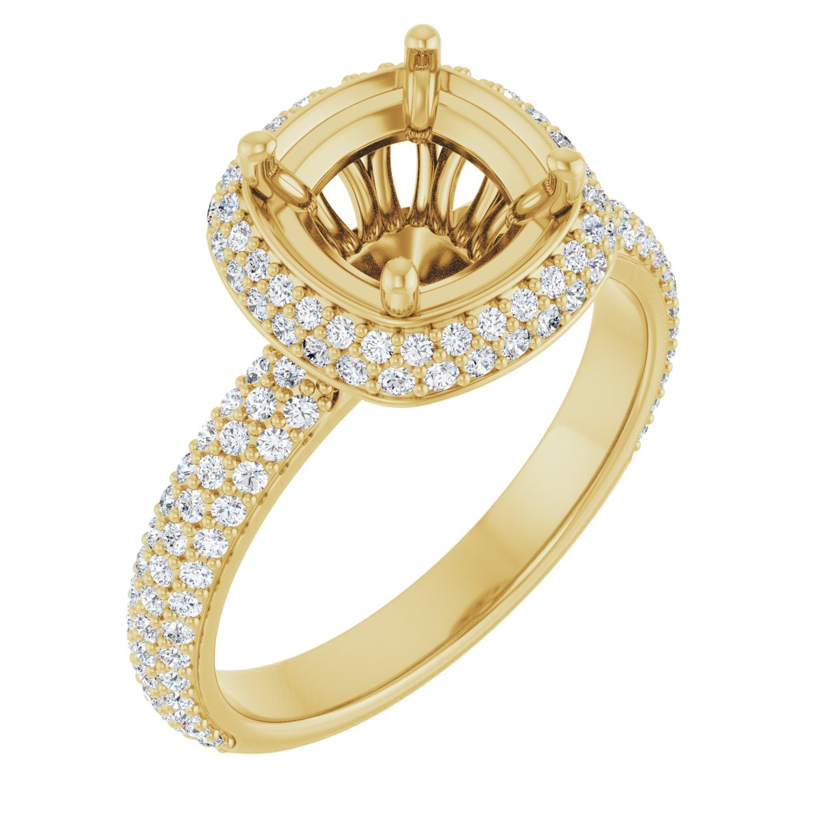 Natural Diamond Cushion Pavé-Style Double Halo-Style Engagement Ring Semi-Mount - 14K Yellow Gold - Series 123525