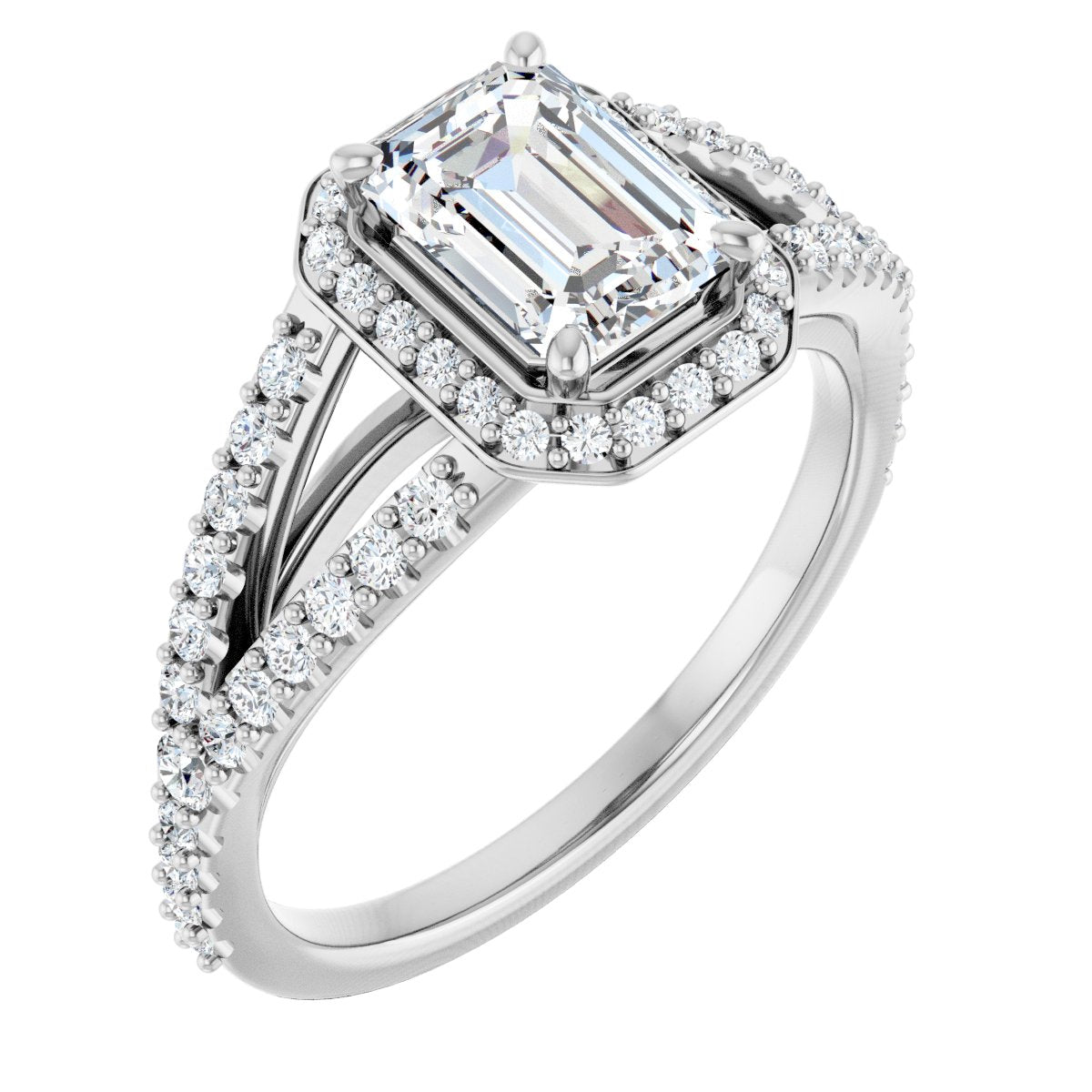 Natural Diamond Emerald Halo-Style Engagement Ring Semi-Mount - 14K White Gold - Series 122986