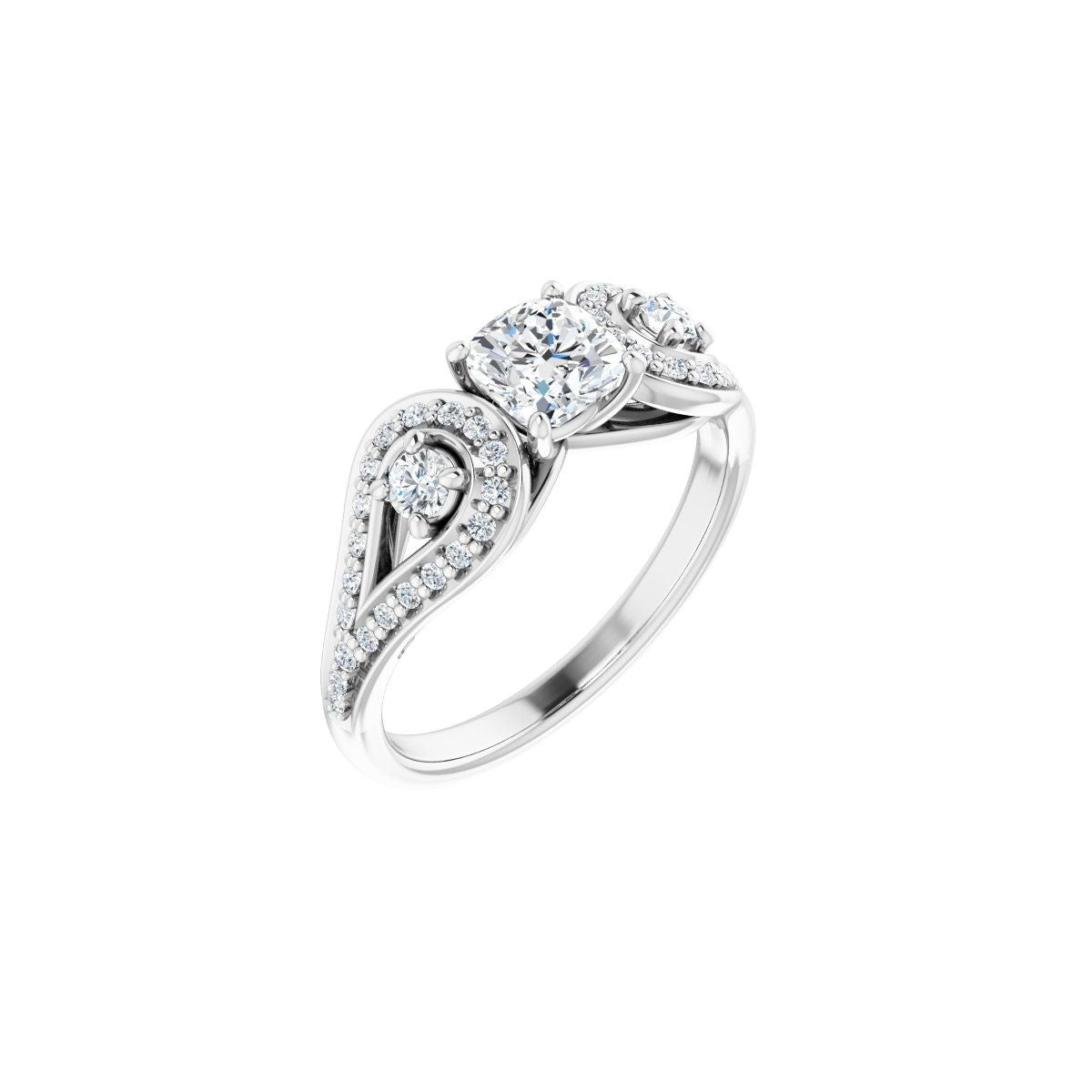 Natural Diamond Cushion Three-Stone Vintage-Inspired Engagement Ring Semi-Mount - 14K White Gold - Series 122002