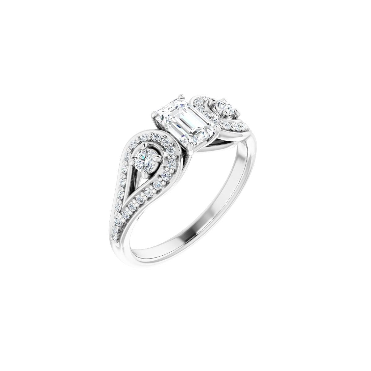 Natural Diamond Emerald Three-Stone Vintage-Inspired Engagement Ring Semi-Mount - 14K White Gold - Series 122002