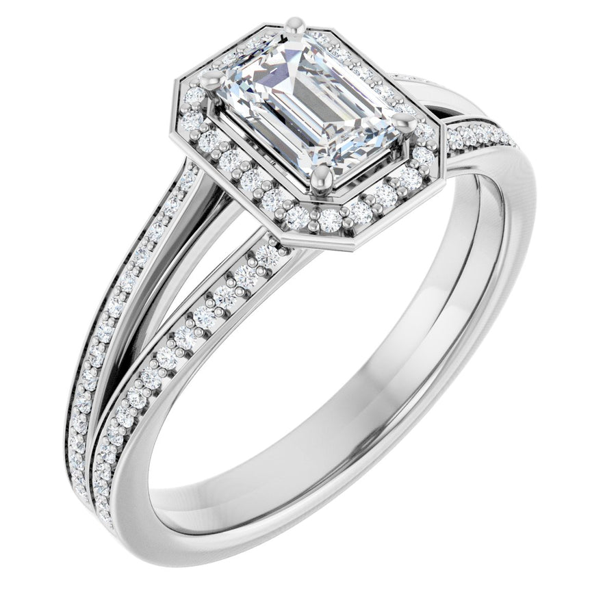 Natural Diamond Emerald Halo-Style Engagement Ring Semi-Mount - 14K White Gold - Series 122181