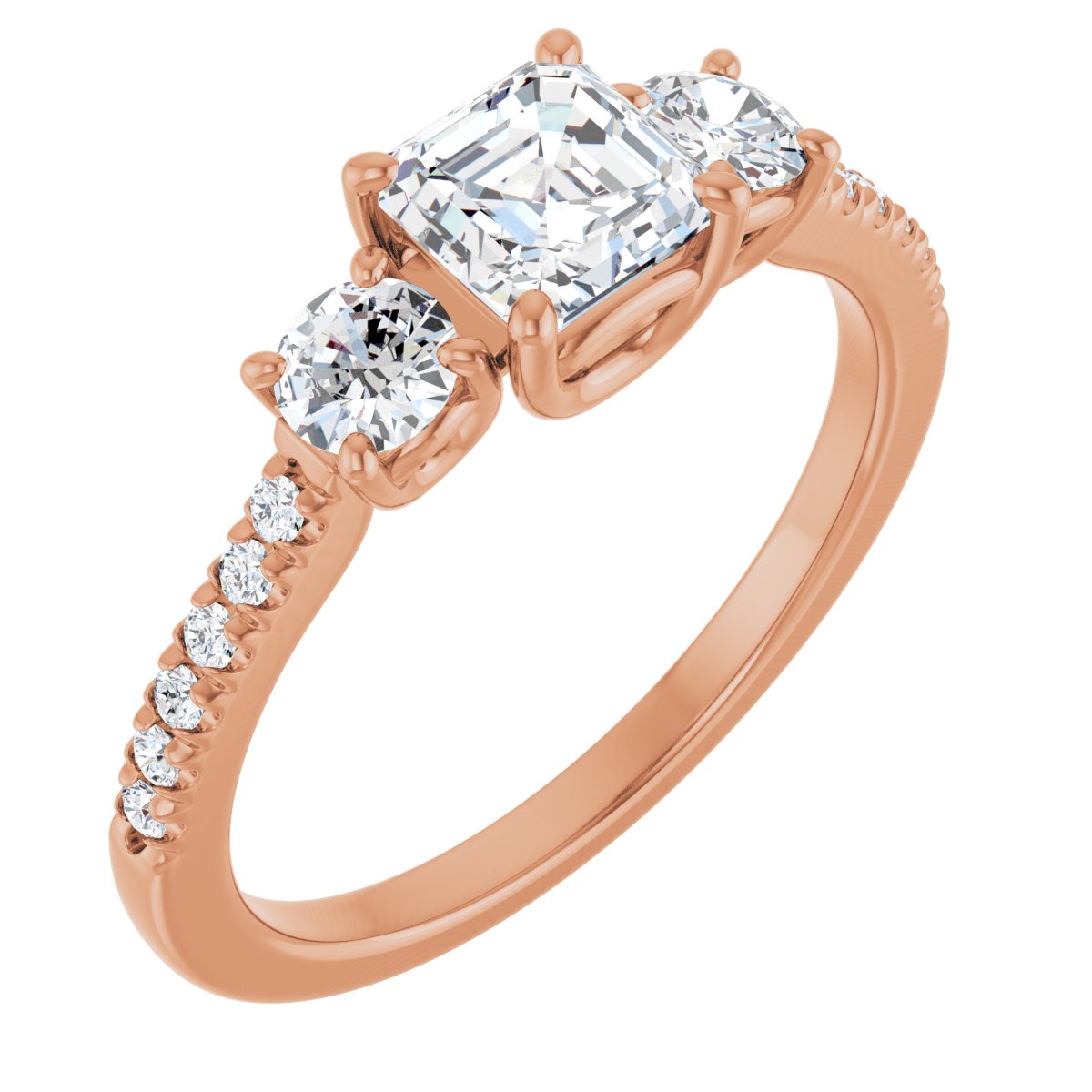 Natural Diamond Asscher Accented Three-Stone Engagement Ring Semi-Mount - 14K Rose Gold - Series 123960