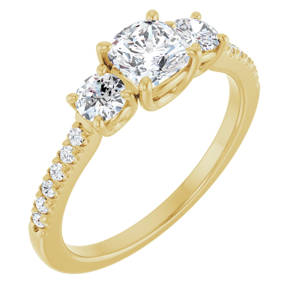 Natural Diamond Cushion Accented Three-Stone Engagement Ring Semi-Mount - 14K Yellow Gold - Series 123960