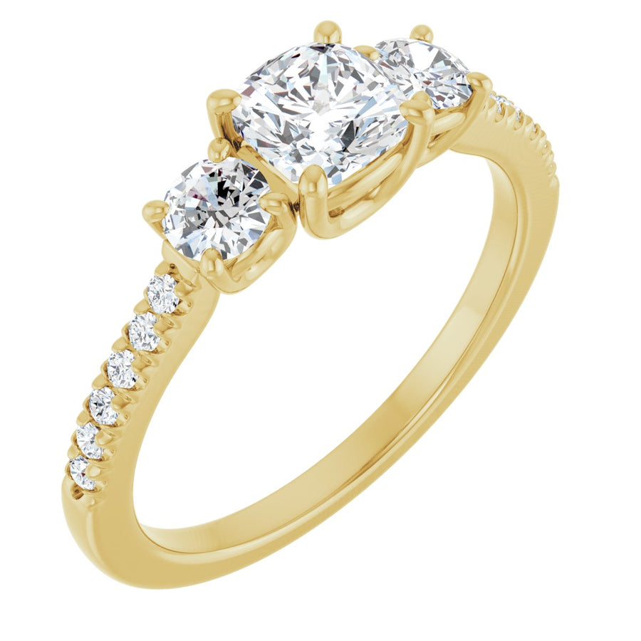 Natural Diamond Cushion Accented Three-Stone Engagement Ring Semi-Mount - 14K Yellow Gold - Series 123960