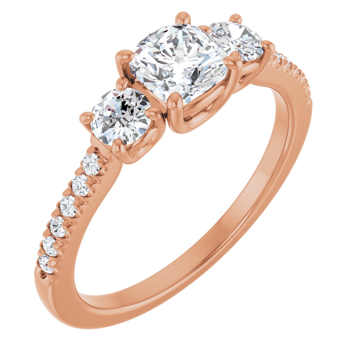 Natural Diamond Cushion Accented Three-Stone Engagement Ring Semi-Mount - 14K Rose Gold - Series 123960