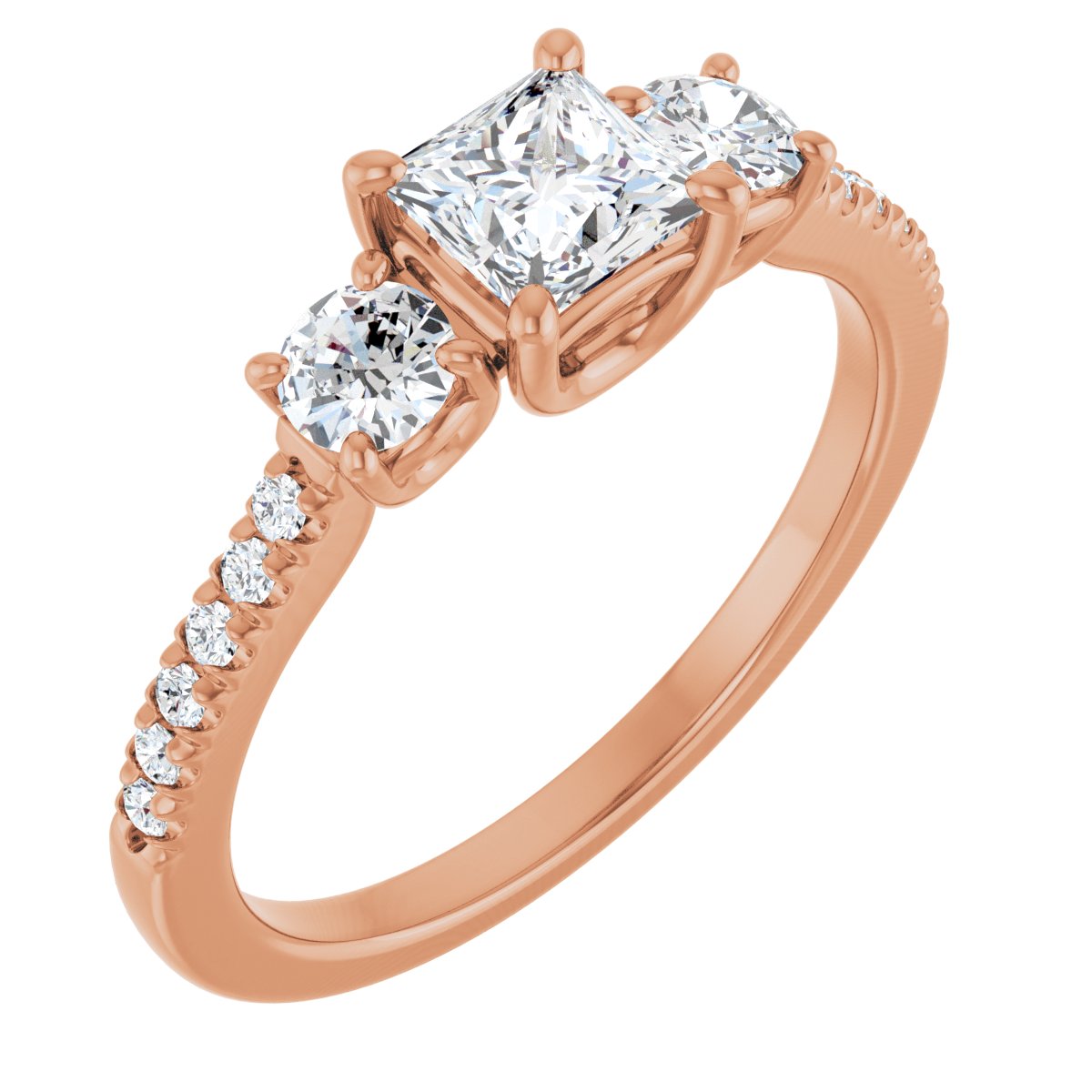 Natural Diamond Square Accented Three-Stone Engagement Ring Semi-Mount - 14K Rose Gold - Series 123960