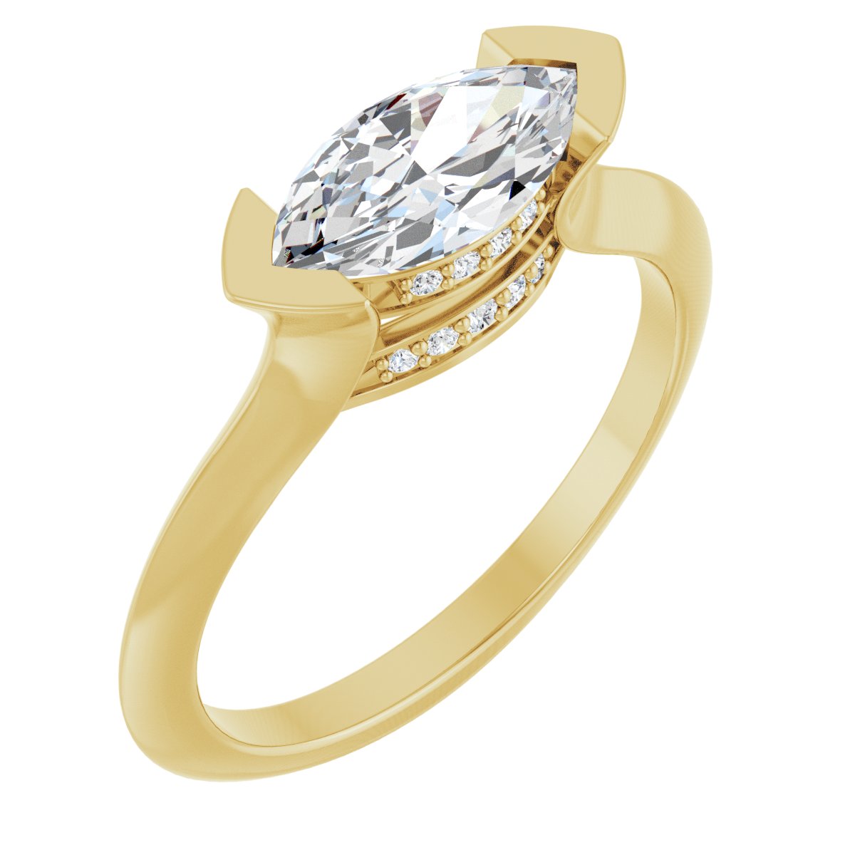 Natural Diamond Marquise V-Prong Hidden Halo-Style Engagement Ring Semi-Mount - 14K Yellow Gold - Series 124283