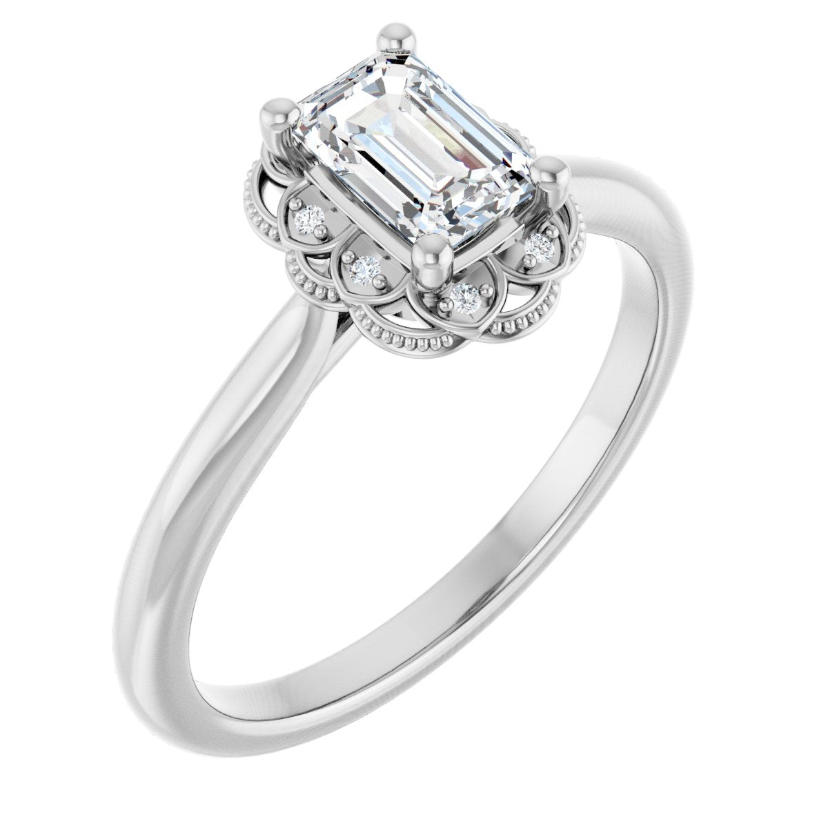 Natural Diamond Emerald Bezel-Set Halo-Style Engagement Ring Semi-Mount - Platinum - Series 124282