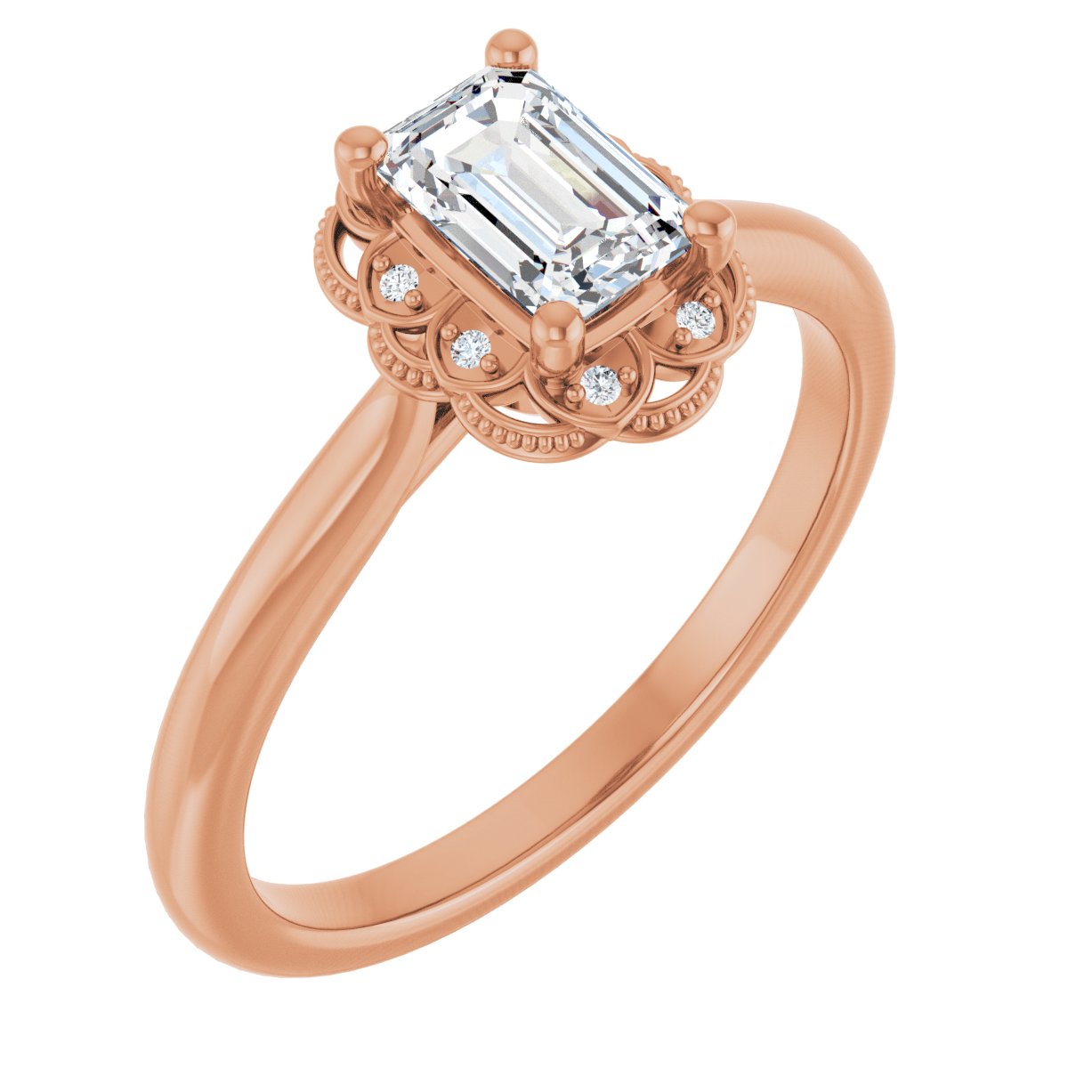 Natural Diamond Emerald Bezel-Set Halo-Style Engagement Ring Semi-Mount - 14K Rose Gold - Series 124282