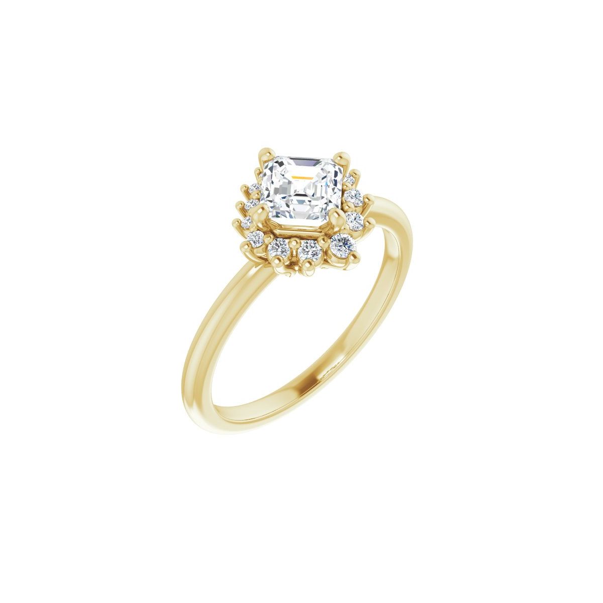 Natural Diamond Asscher Halo-Style Asymmetrical Engagement Ring Semi-Mount - 14K Yellow Gold - Series 124478