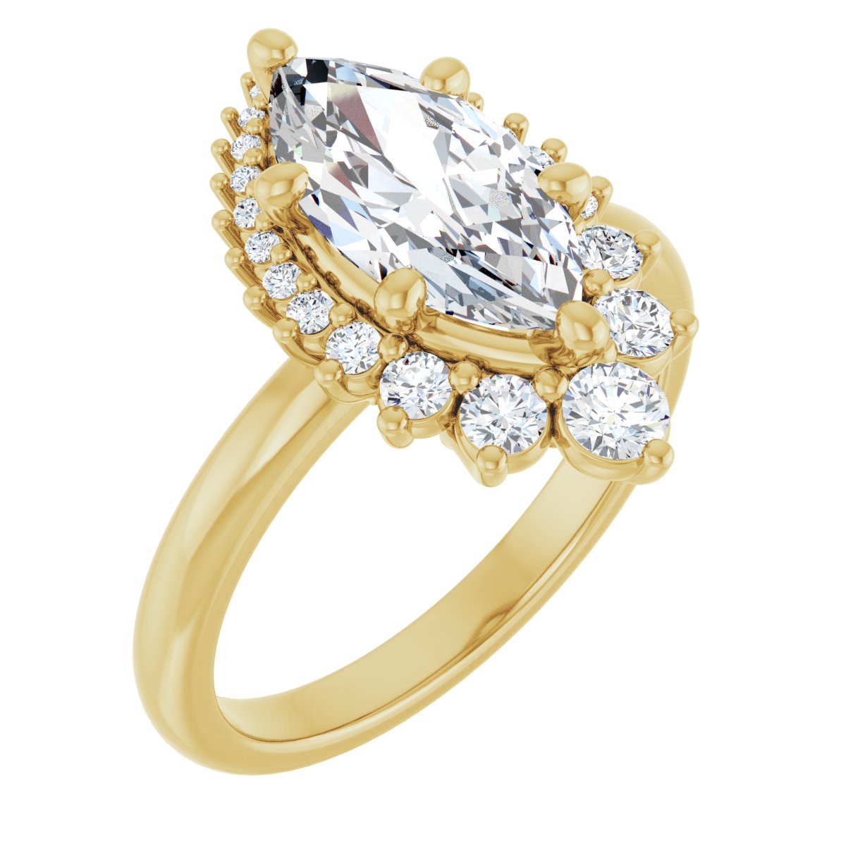 Natural Diamond Marquise Halo-Style Asymmetrical Engagement Ring Semi-Mount - 14K Yellow Gold - Series 124478