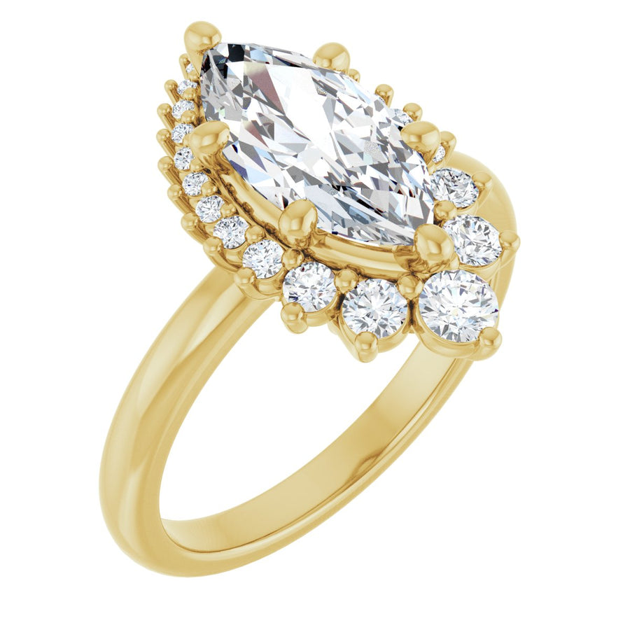 Natural Diamond Marquise Halo-Style Asymmetrical Engagement Ring Semi-Mount - 14K Yellow Gold - Series 124478