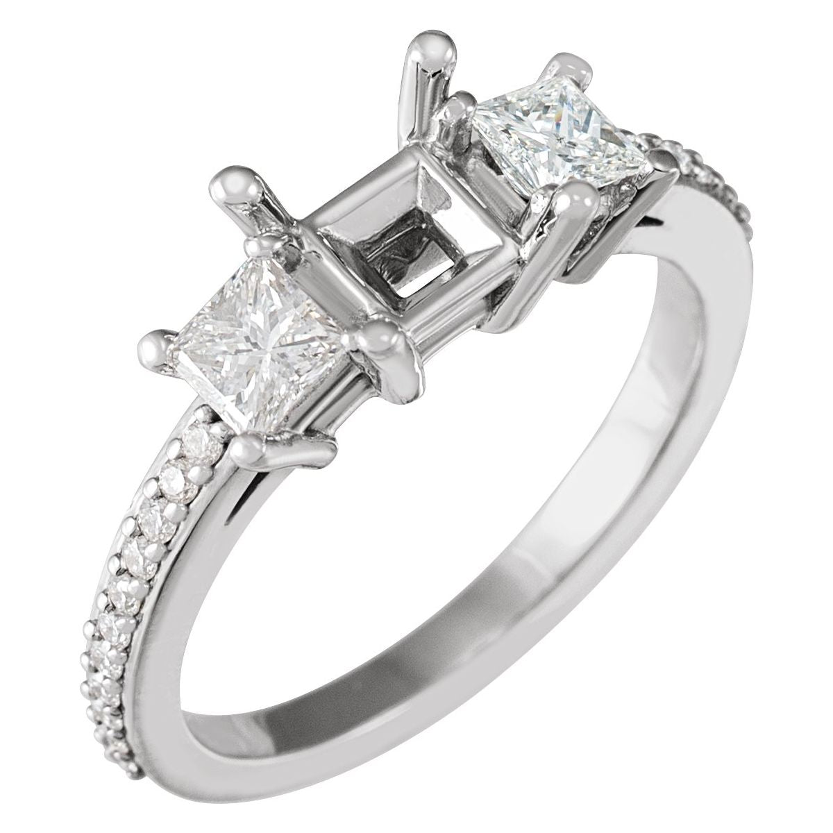 Natural Diamond Square Three-Stone Engagement Ring Semi-Mount - 10K White Gold - Series 121909