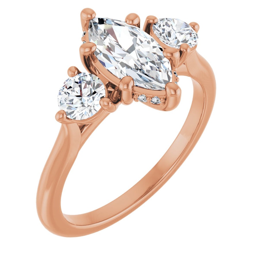 Natural Diamond Marquise Three-Stone Engagement Ring Semi-Mount - 14K Rose Gold - Series 124744
