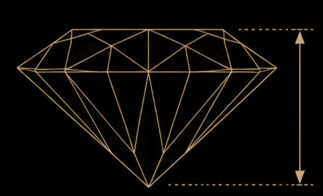 Geometric illustration of a diamond with measurements on a black background