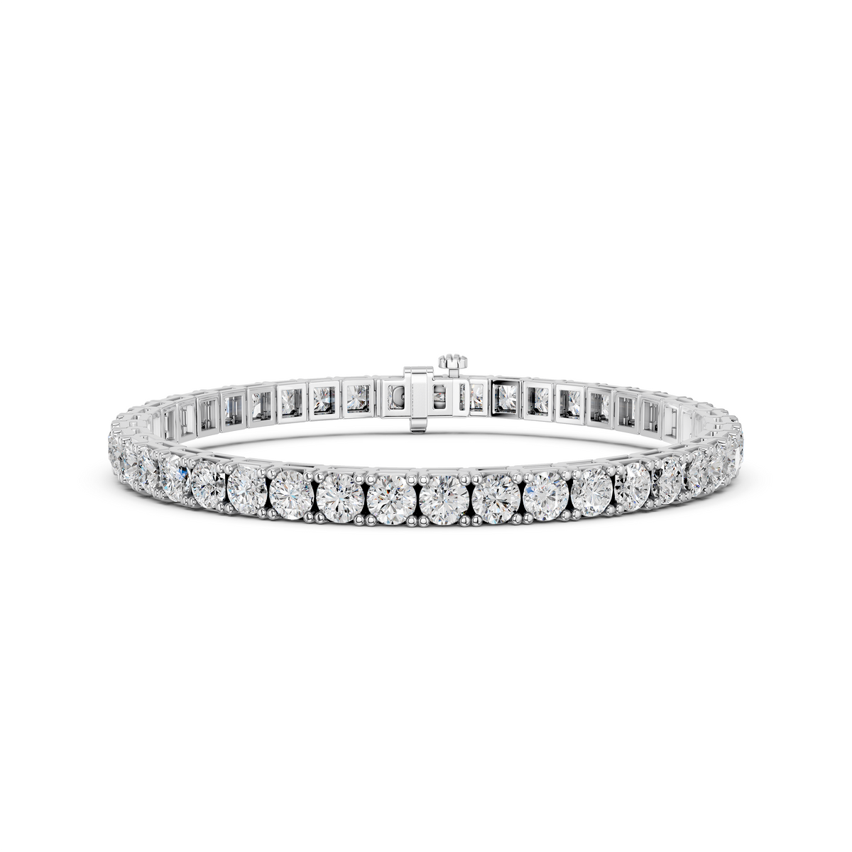 Round Lab Diamond 4 Prong Straight Line Tennis Bracelet, Square Back in 14K White Gold – front view