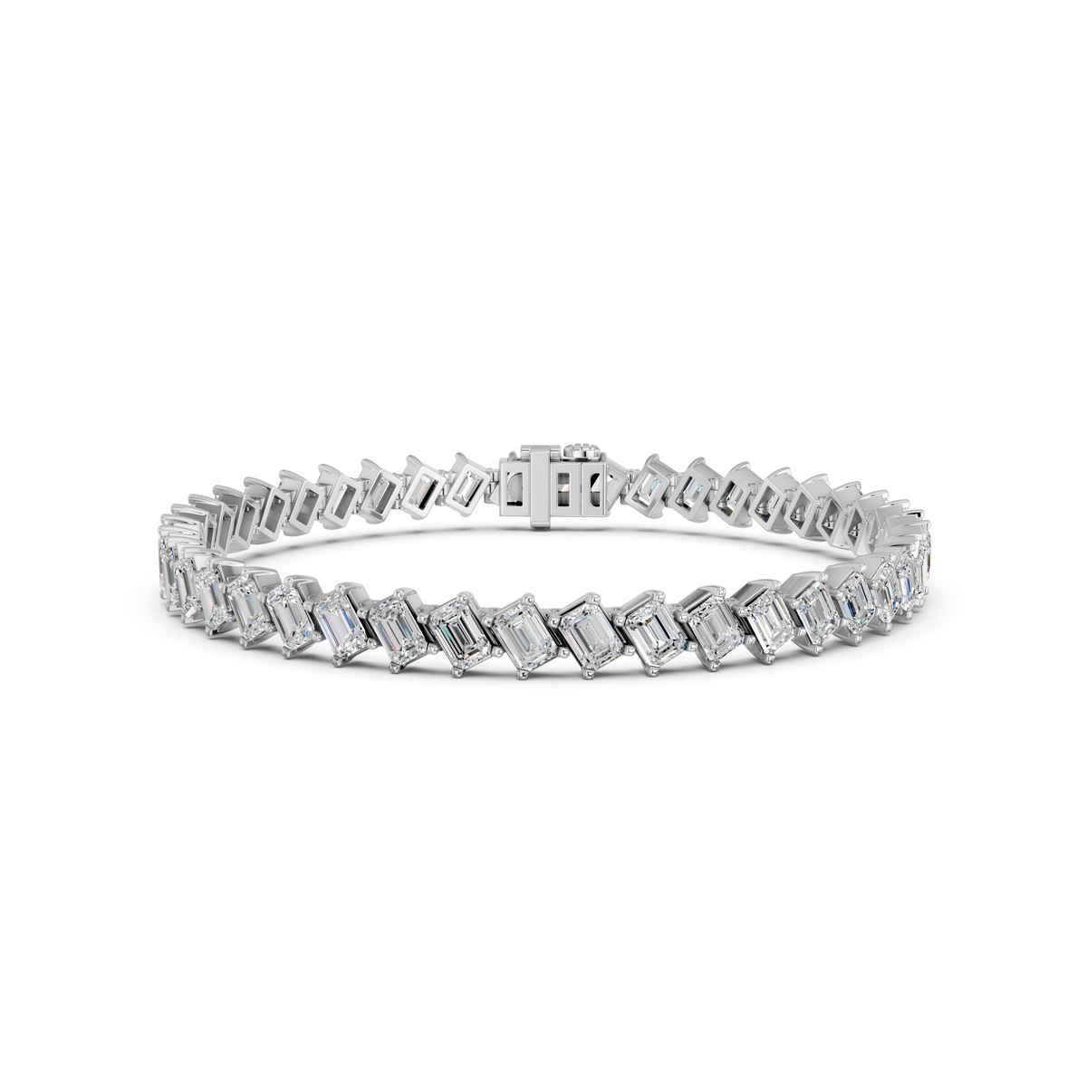Angled Emerald Cut Lab Diamond Tennis Bracelet in 14K White Gold – front view