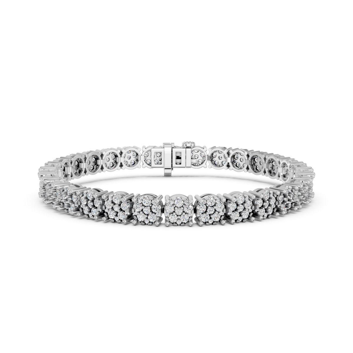 Round Lab Diamond Flower Tennis Bracelet in 14K White Gold – front view