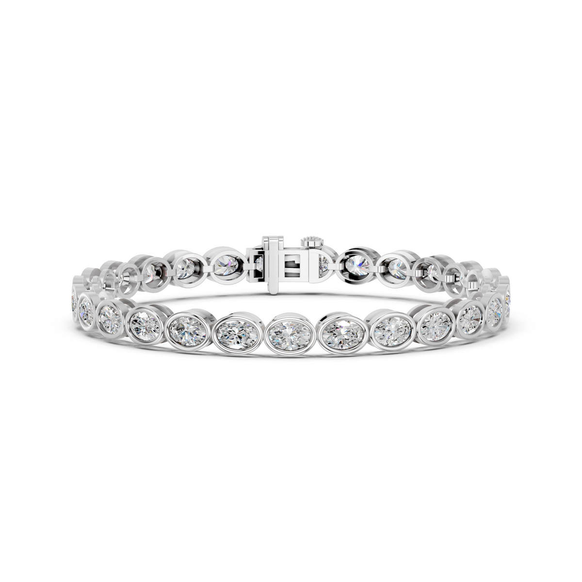 Oval Lab Diamond E-W Bezel Tennis Bracelet in 14K White Gold – front view