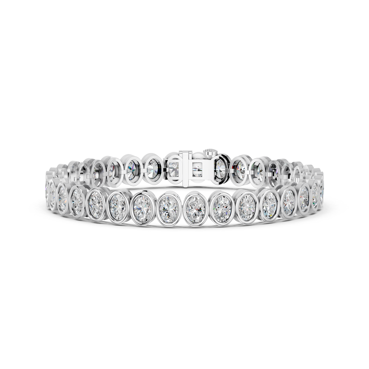 Oval Lab Diamond N-S Bezel Tennis Bracelet in 14K White Gold – front view
