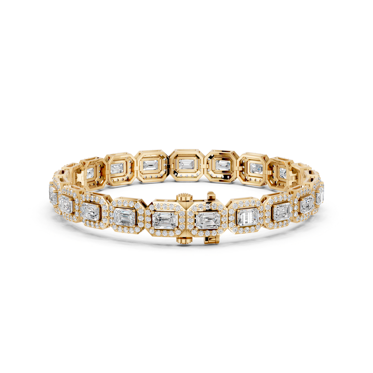 Emerald Cut Lab Diamond E-W Halo Tennis Bracelet in 14K Yellow Gold – back view