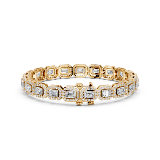 Emerald Cut Lab Diamond E-W Halo Tennis Bracelet in 14K Yellow Gold – back view