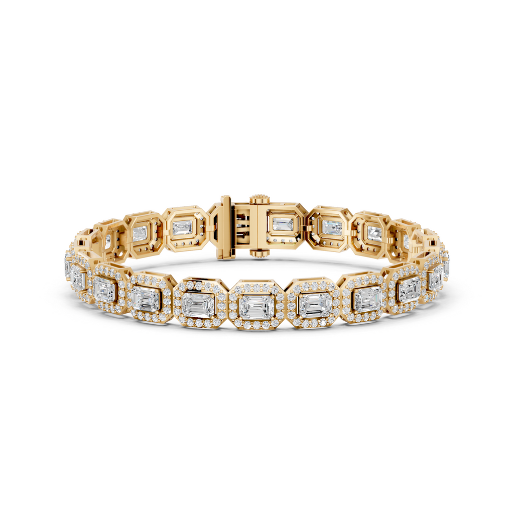 Emerald Cut Lab Diamond E-W Halo Tennis Bracelet in 14K Yellow Gold – front view