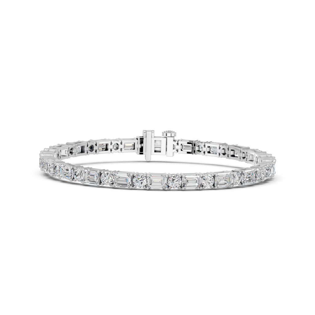 Alternating Emerald Cut And Round Lab Diamond Tennis Bracelet in 14K White Gold – front view
