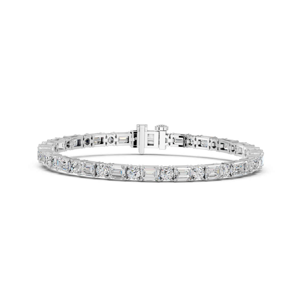 Alternating Emerald Cut And Round Lab Diamond Tennis Bracelet in 14K White Gold – front view