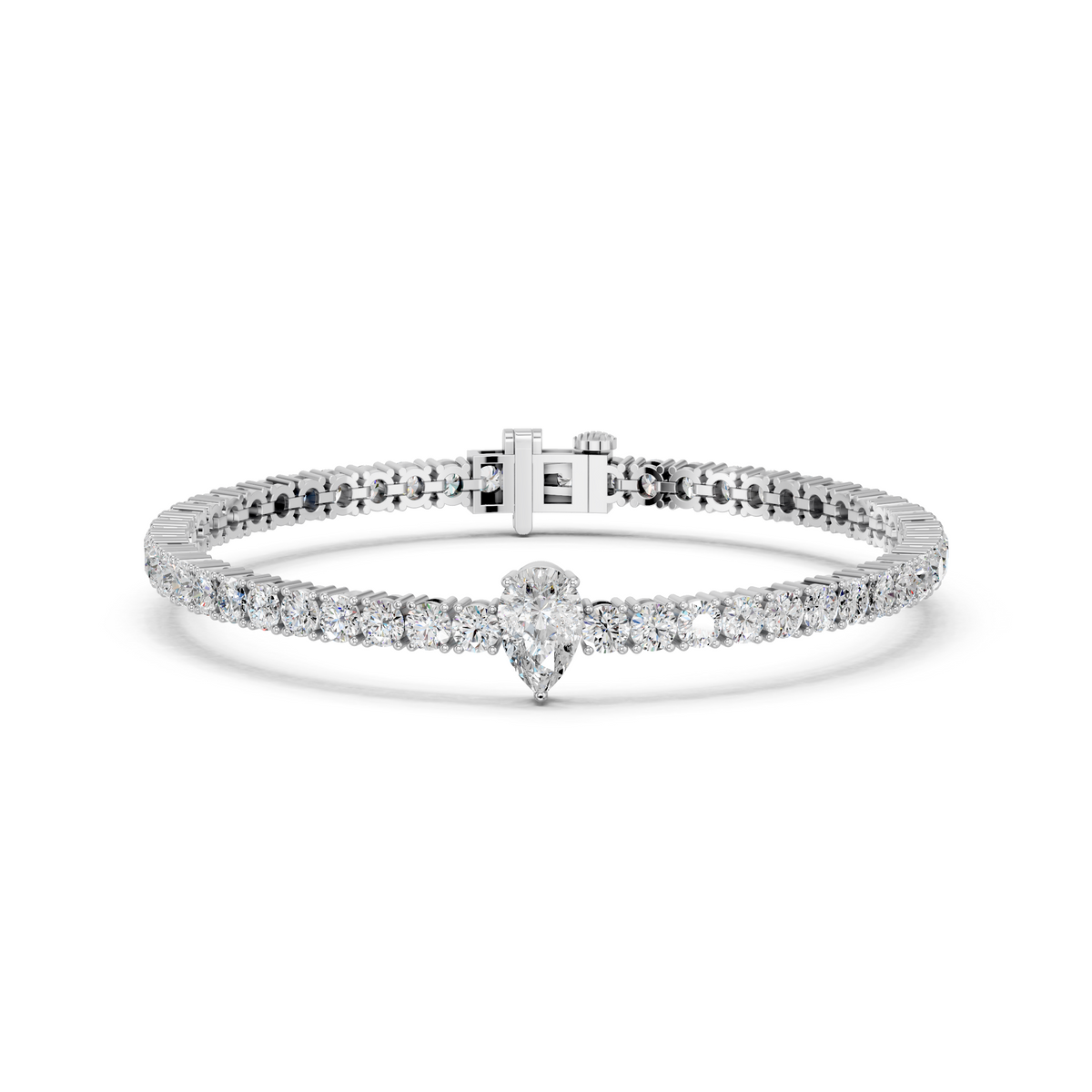 Pear Center Stone Lab Diamond Tennis Bracelet in 14K White Gold – front view
