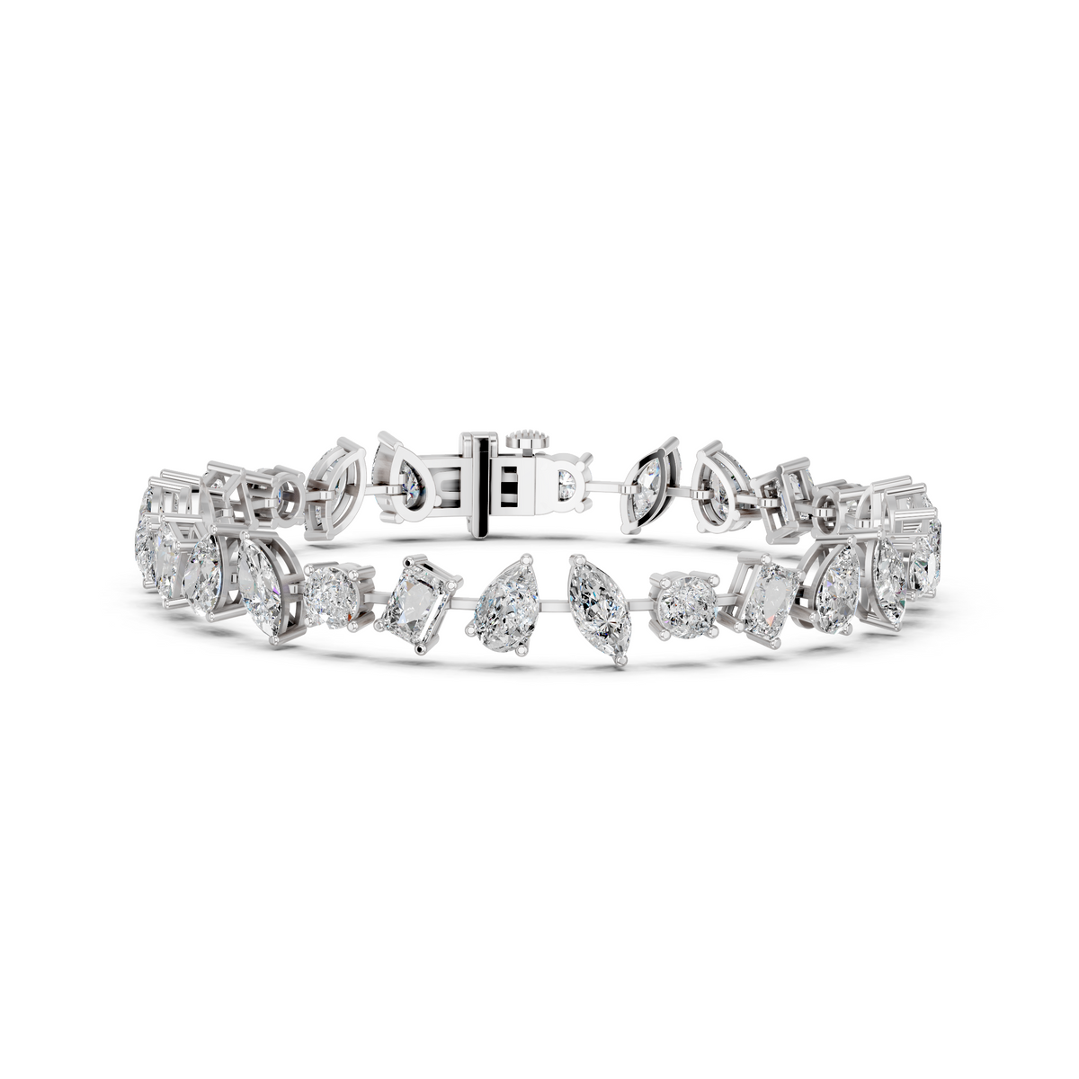 Angled Multi Shapes Lab Diamond Tennis Bracelet in 14K White Gold – front view
