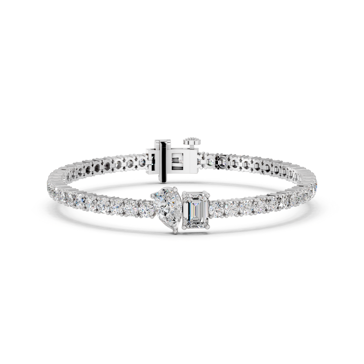 Pear And Emerald Cut Center Stone Lab Diamond Tennis Bracelet in 14K White Gold – front view