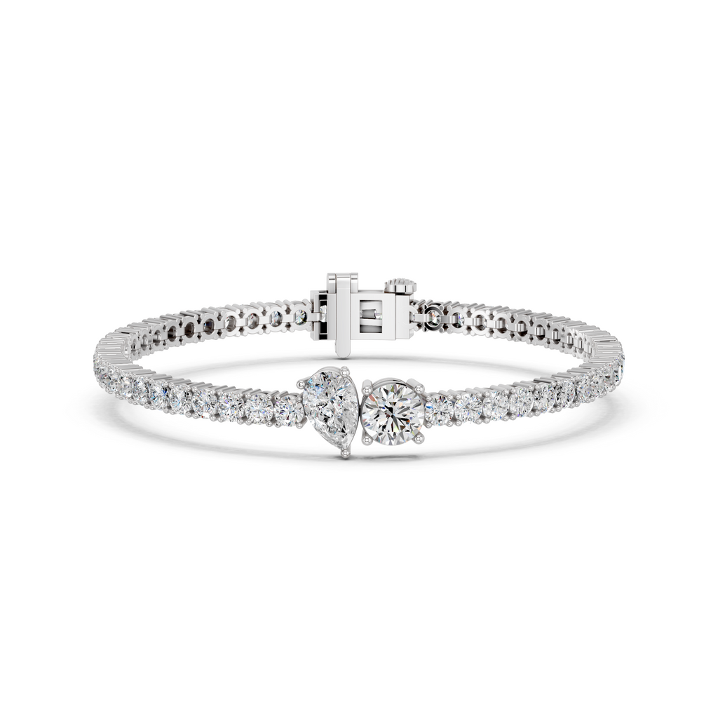 Pear And Round Center Stone Lab Diamond Tennis Bracelet in 14K White Gold – front view
