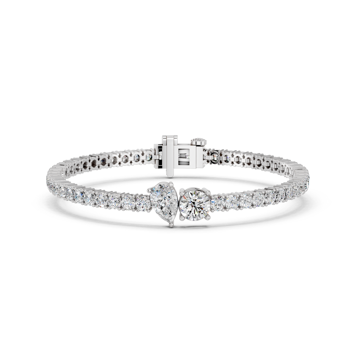 Pear And Round Center Stone Lab Diamond Tennis Bracelet in 14K White Gold – front view