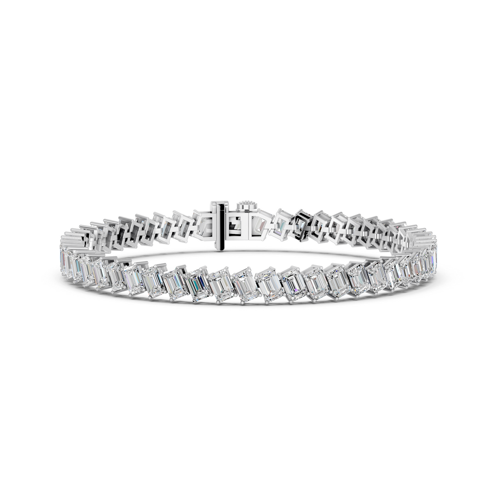 Angled Emerald Cut Lab Diamond Tennis Bracelet in 14K White Gold – front view