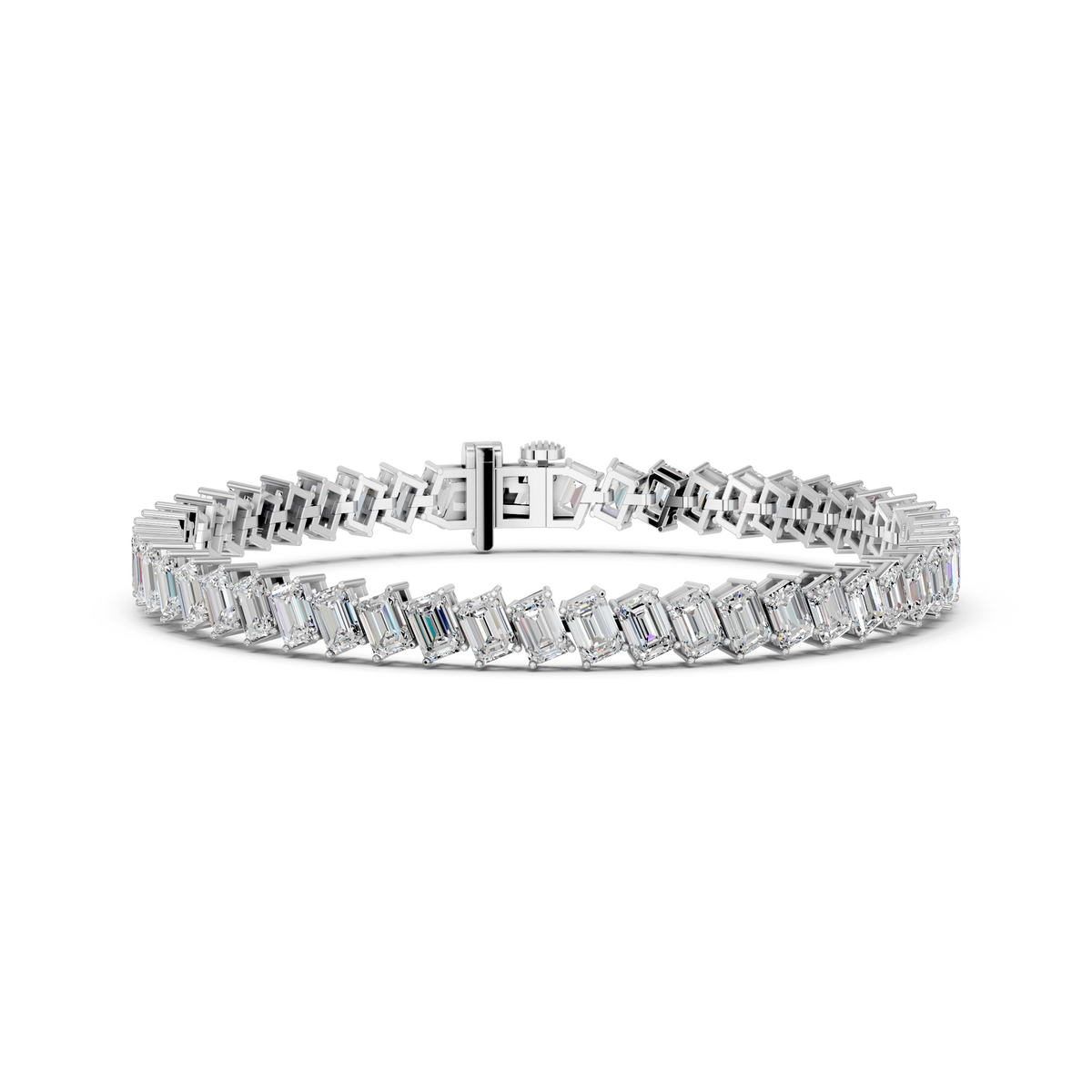 Angled Emerald Cut Lab Diamond Tennis Bracelet in 14K White Gold – front view