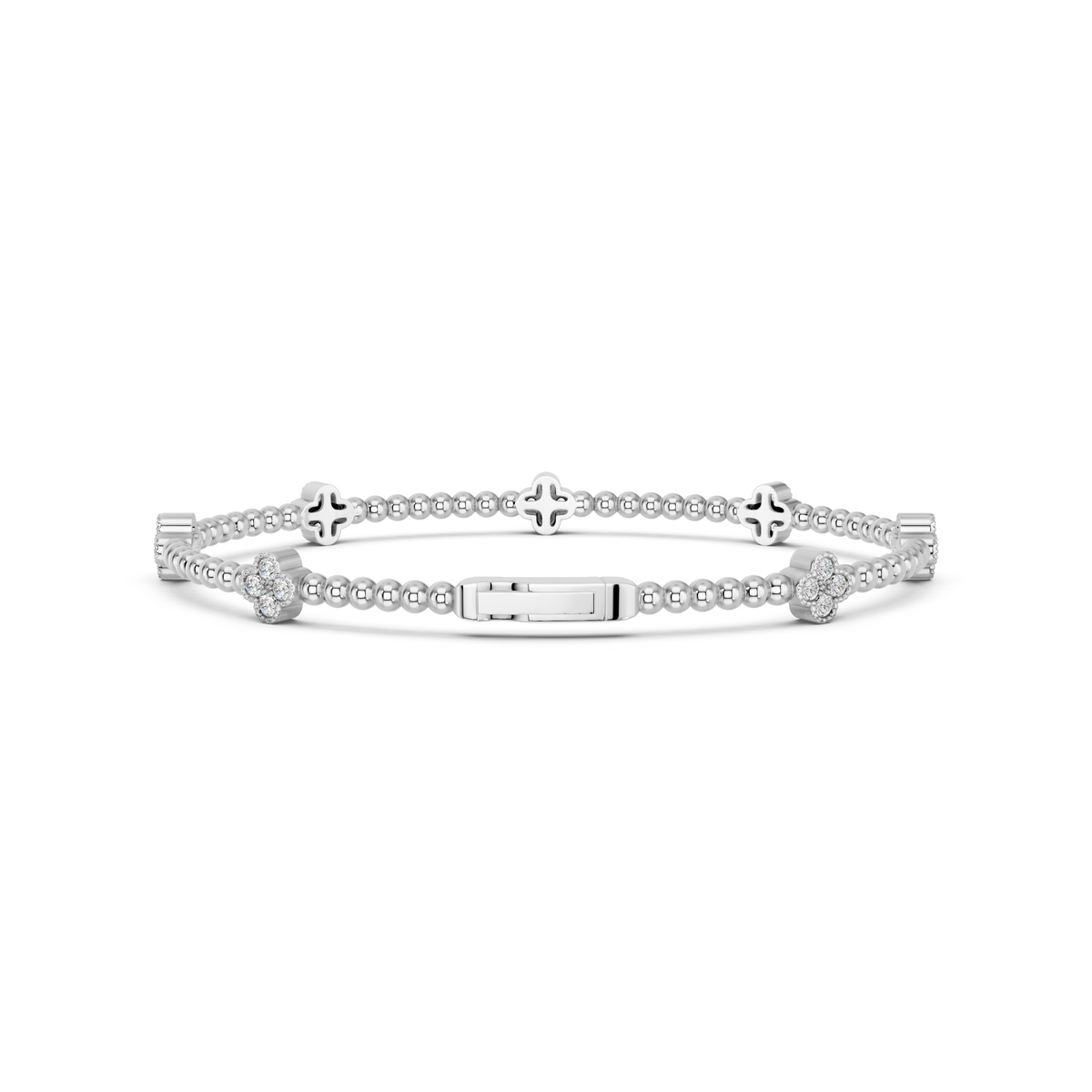 Round Lab Diamond Clover Stationed Shape Flexible Bangle in 14K White Gold – back view