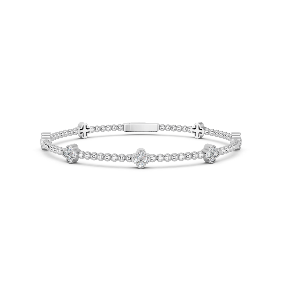 Round Lab Diamond Clover Stationed Shape Flexible Bangle in 14K White Gold – top view